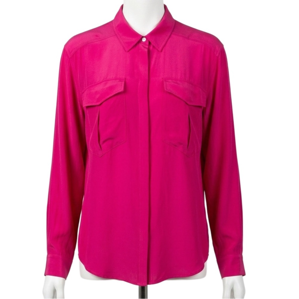 ELIZABETH AND JAMES Hot Pink Long-Sleeve Button Front Blouse, Size Medium.